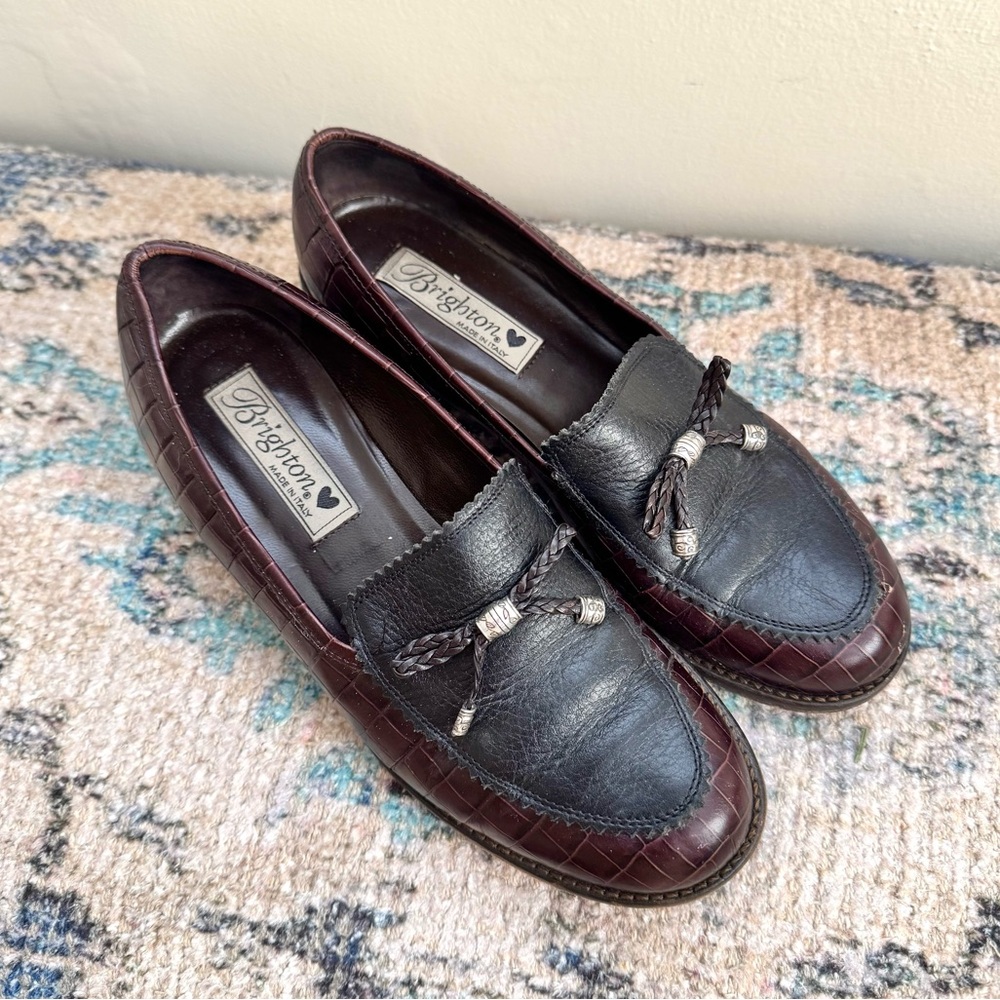 Brighton Women's Donna Leather Loafers - Croc Embossed | Bow Tassel Size 7